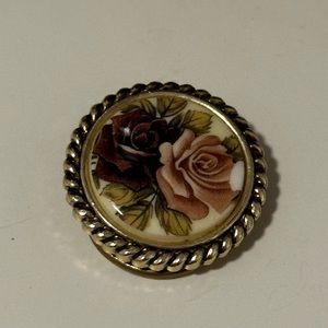 Vintage Signed W Germany Round with Roses Gold Tone Scarf Clip